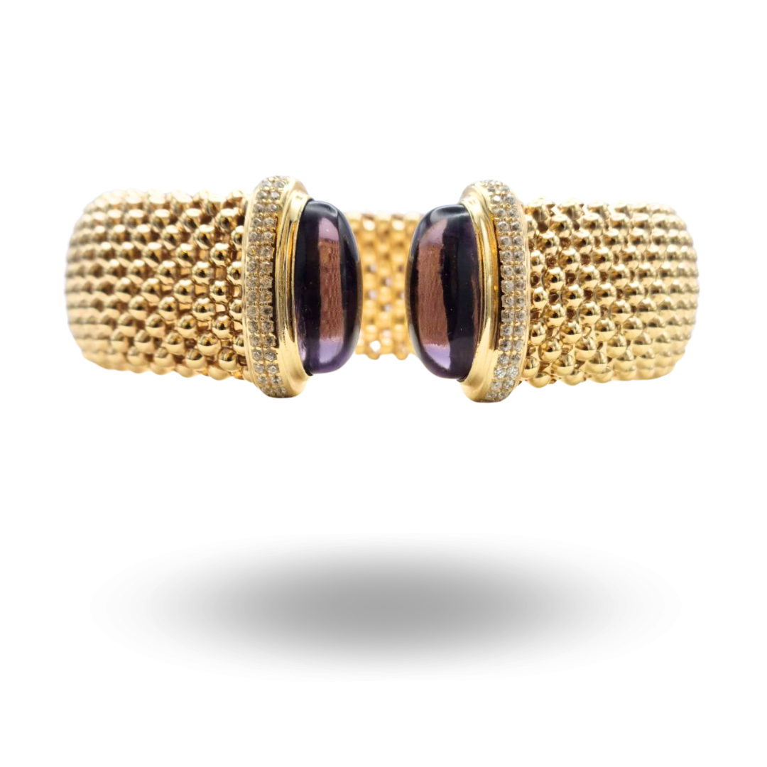 Bracciale in Argento 925 dorato in maglia tessito con Quarzo idrotermale ametista