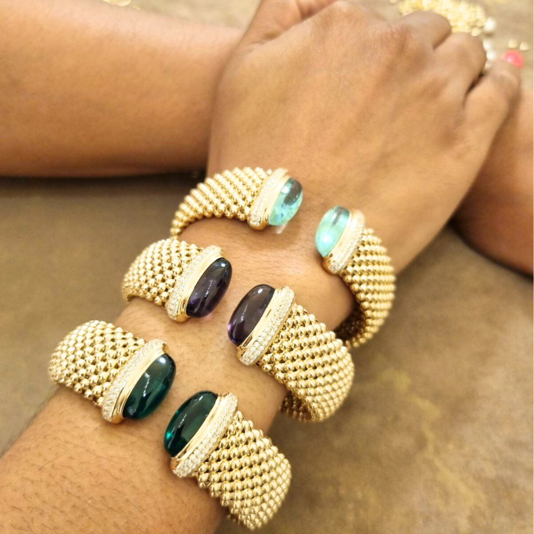 Bracciale in Argento 925 dorato in maglia tessito con Quarzo verde smeraldo