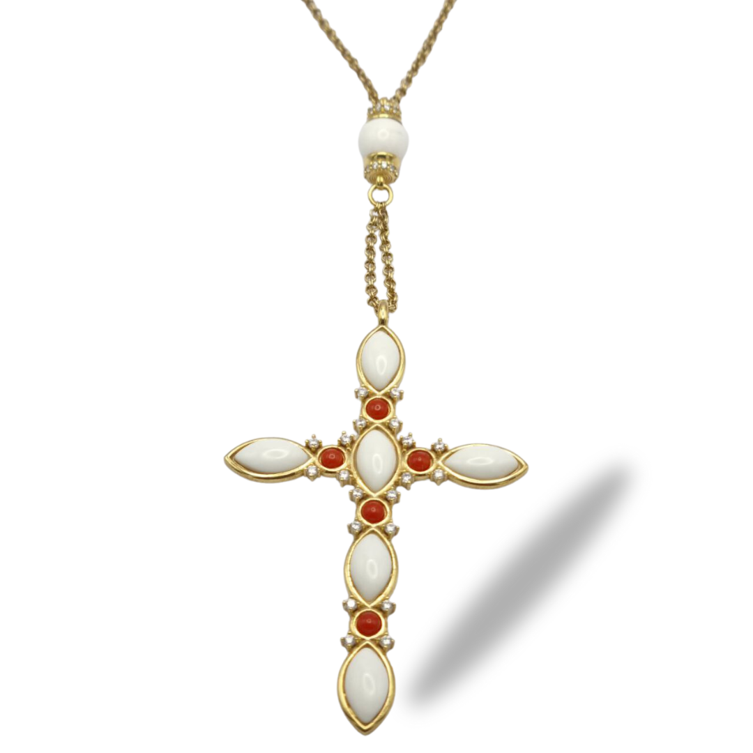 Collana con Croce in Argento 925 dorato con Agata bianca, Corallo rosso Mediterraneo e Quarzi