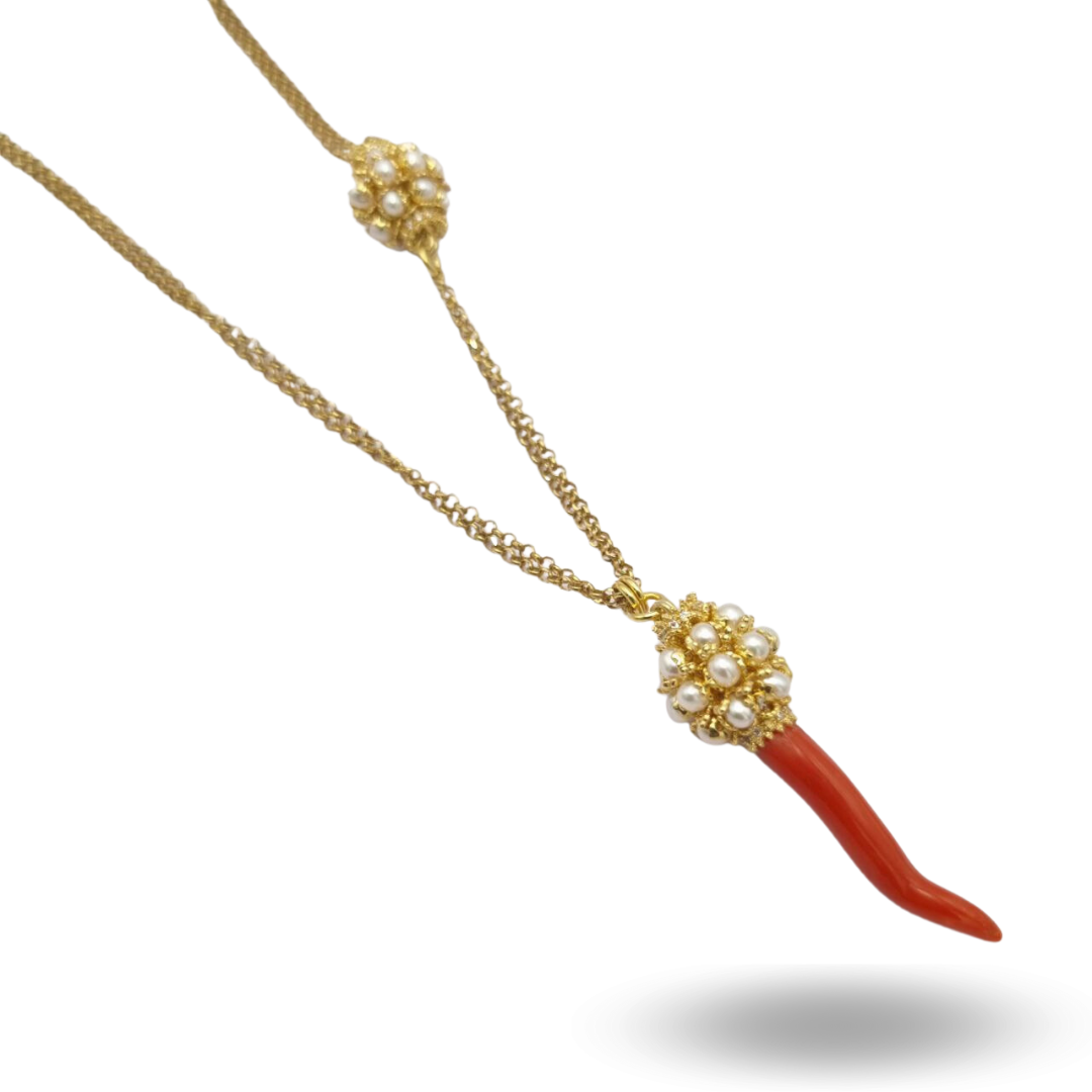 Collier en Argent 925 Or avec Corne de Corail et Couronnes de Perles