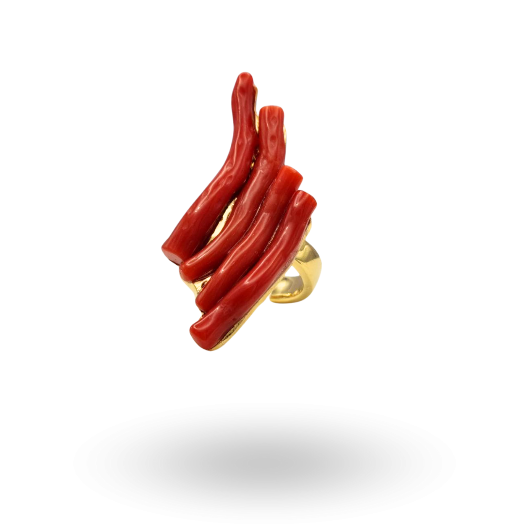 Anello in Argento 925 dorato con quattro rami di Corallo Rosso Mediterraneo
