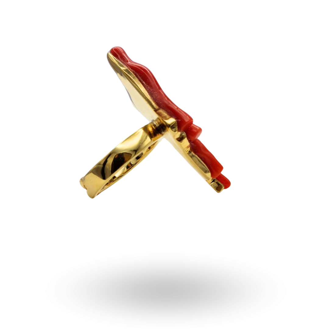 Anello in Argento 925 dorato con quattro rami di Corallo Rosso Mediterraneo