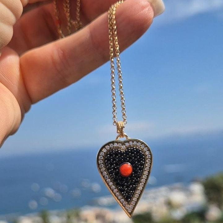 Collana in Argento 925 dorato con ciondolo a Cuore con Quarzi e spola in Corallo rosso