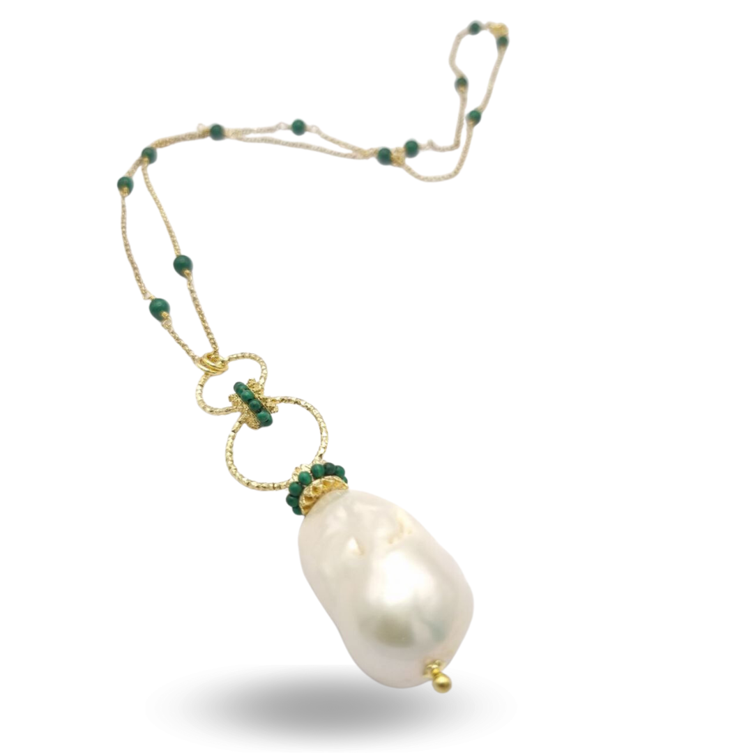 Collana in Argento 925 dorato con Perla Scaramazza e coroncine in Malachite