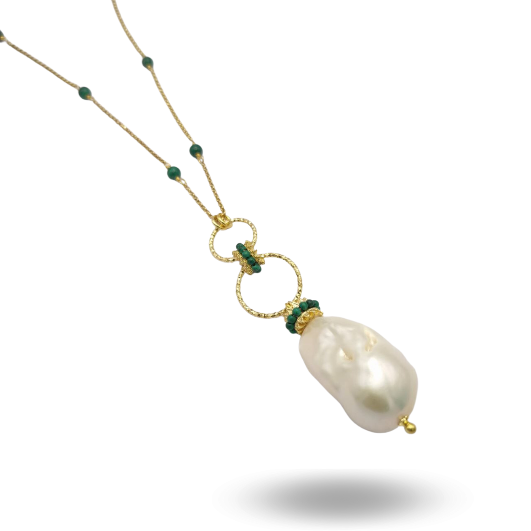Collana in Argento 925 dorato con Perla Scaramazza e coroncine in Malachite