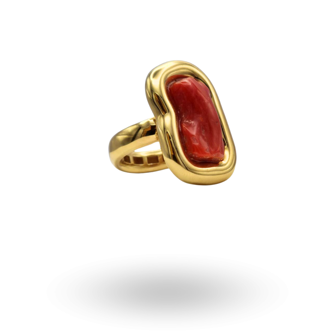 Anello in Argento 925 dorato tubolare con sasso di Corallo rosso Mediterraneo