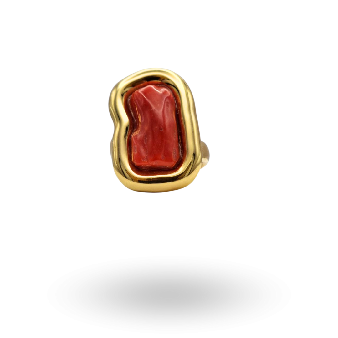 Anello in Argento 925 dorato tubolare con sasso di Corallo rosso Mediterraneo