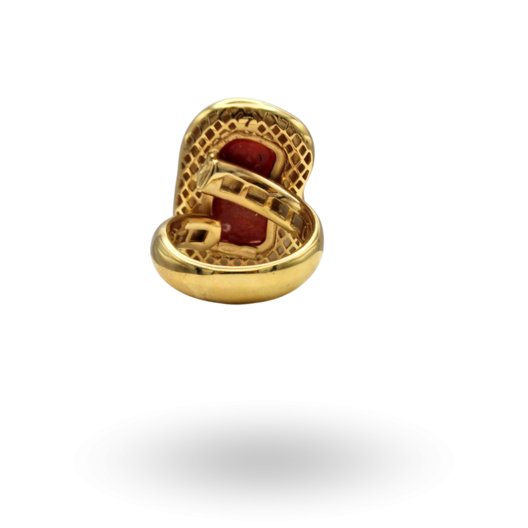 Anello in Argento 925 dorato tubolare con sasso di Corallo rosso Mediterraneo