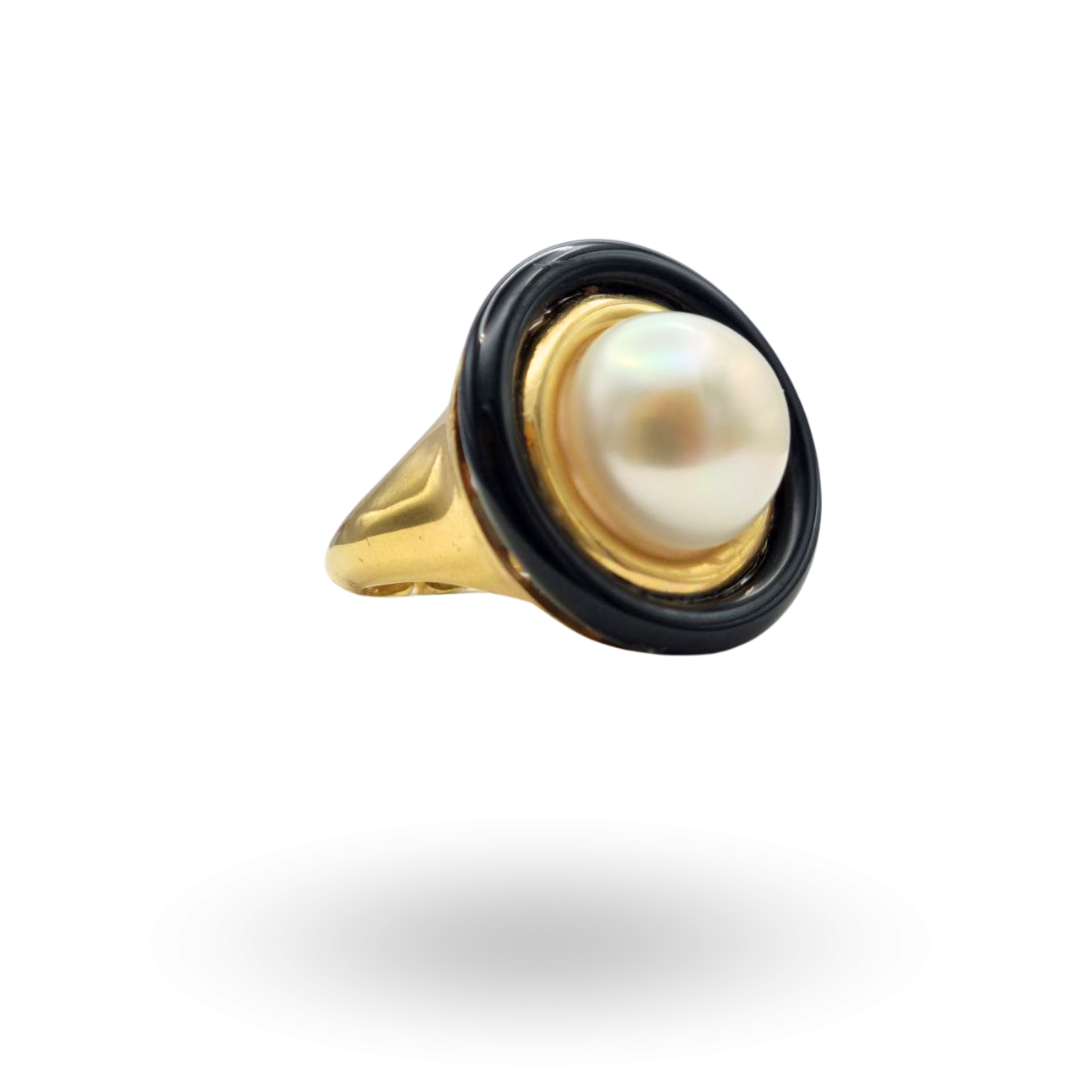 Anello in Argento 925 dorato con Perla Barocca e cerchio in Onice
