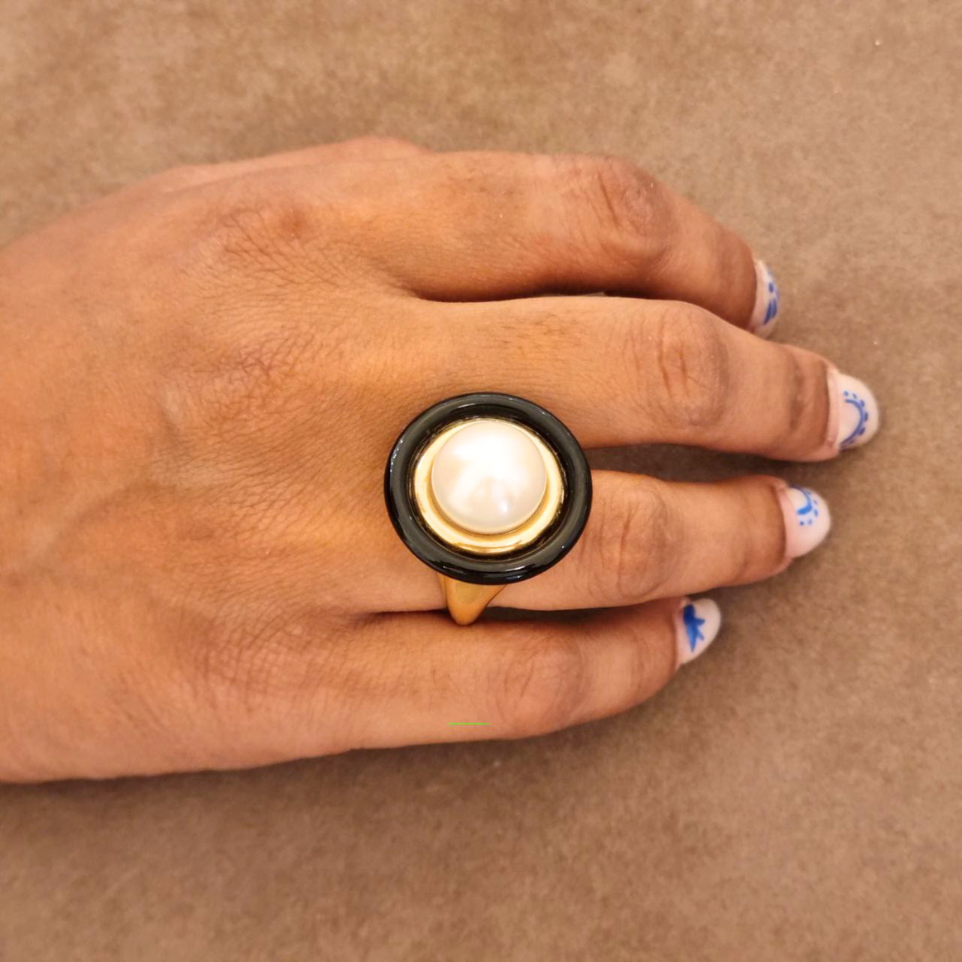 Anello in Argento 925 dorato con Perla Barocca e cerchio in Onice