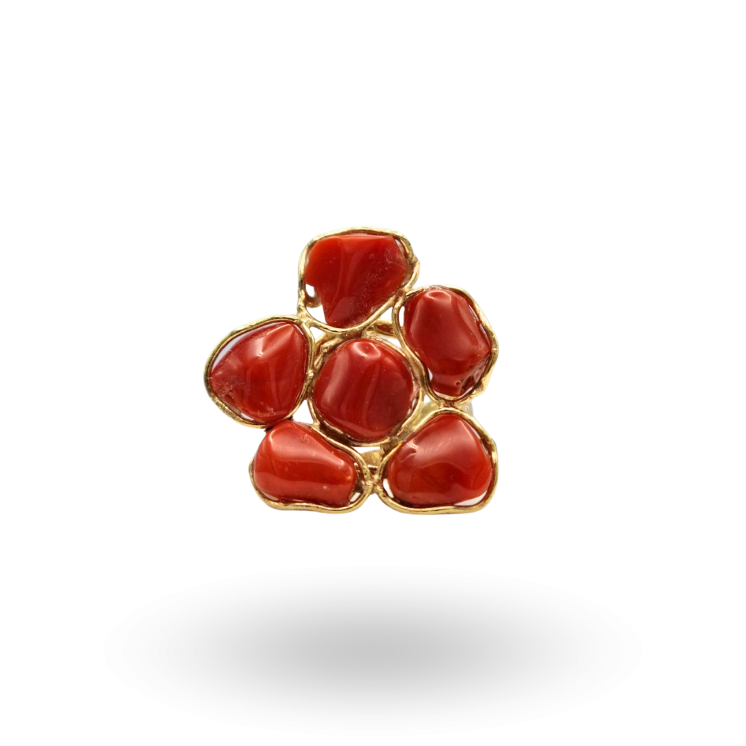Anello in Argento 925 dorato con sei sassi di Corallo rosso Mediterraneo a forma di fiore