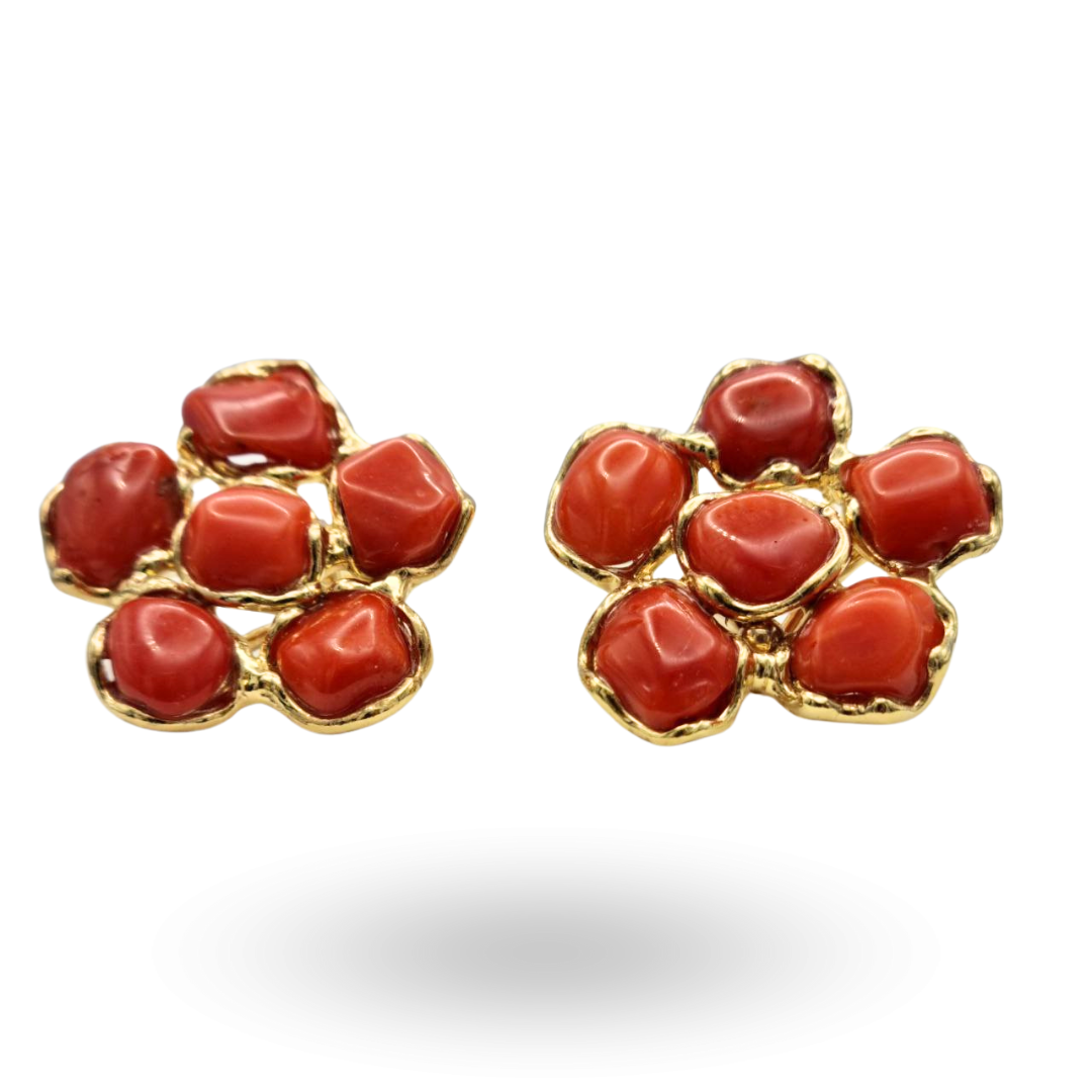 Orecchini in Argento 925 dorato con sei sassi di Corallo rosso Mediterraneo a forma di fiore