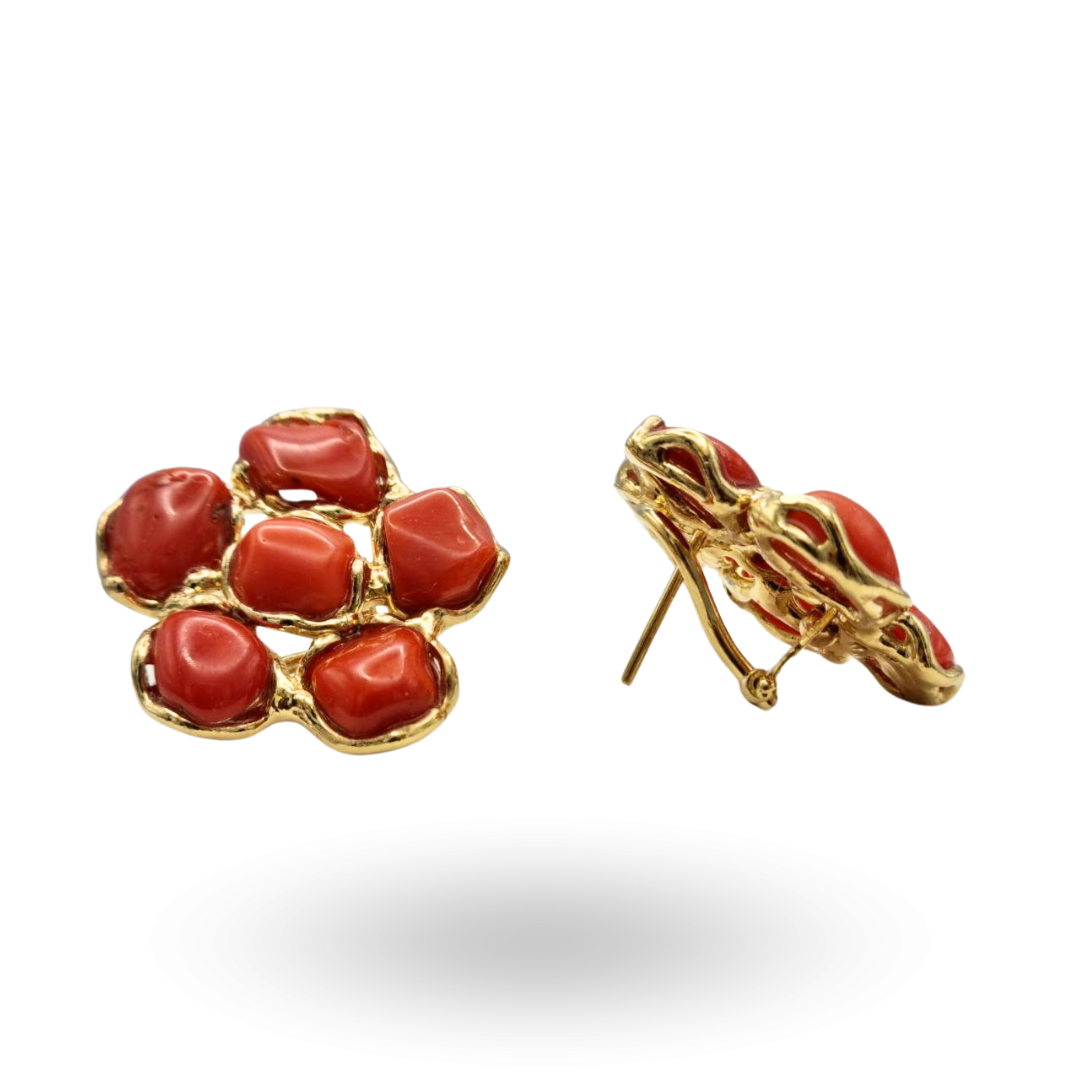 Orecchini in Argento 925 dorato con sei sassi di Corallo rosso Mediterraneo a forma di fiore