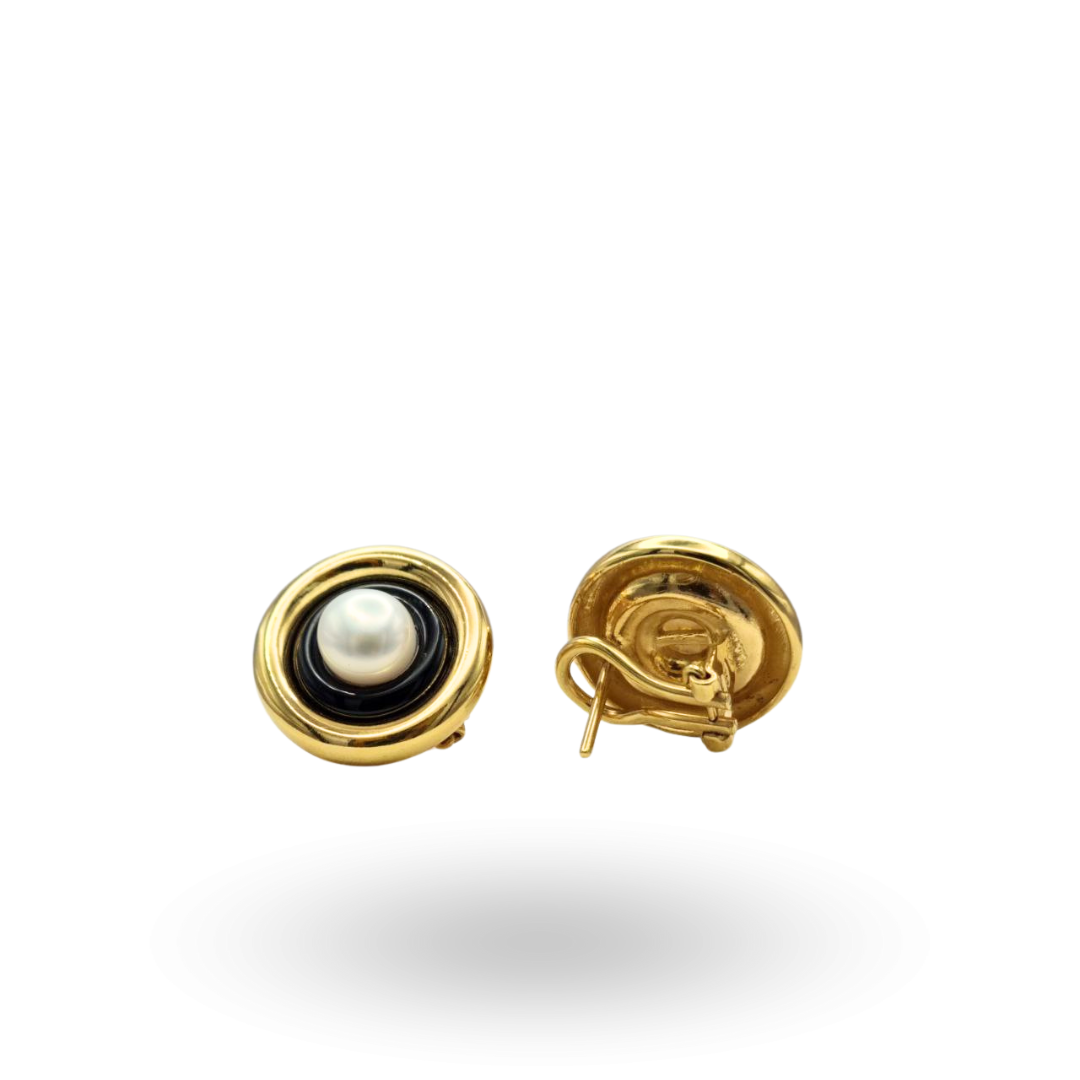 Orecchini in Argento 925 dorato con centrale in Perla Barocca e cerchi in Onice