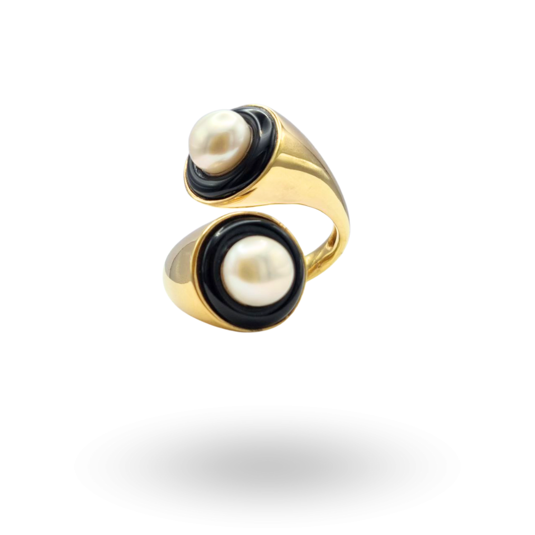 Anello contrariè in Argento 925 dorato effetto abbraccio con Perle e cerchi in Onice