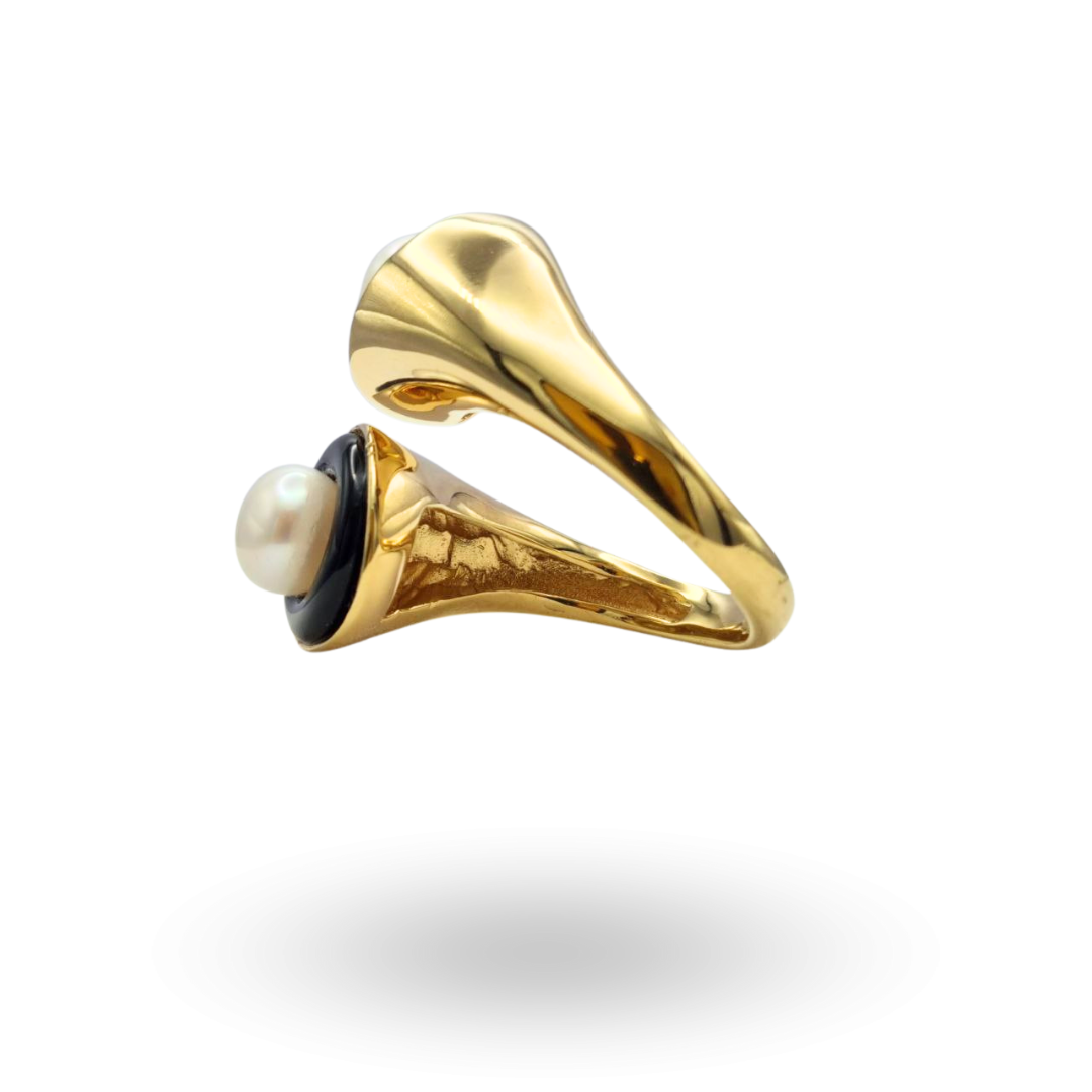 Anello contrariè in Argento 925 dorato effetto abbraccio con Perle e cerchi in Onice
