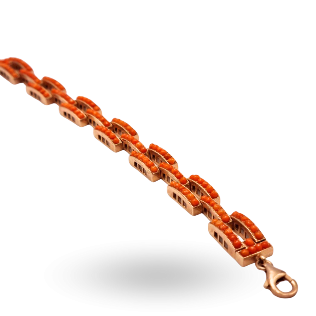 Bracciale in Argento 925 rosato con Corallo di Sciacca. Maglia Cartier
