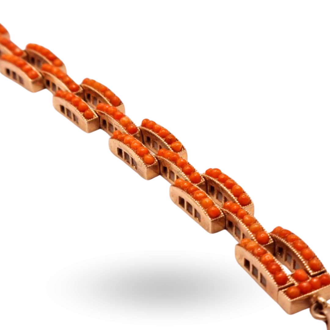 Bracciale in Argento 925 rosato con Corallo di Sciacca. Maglia Cartier