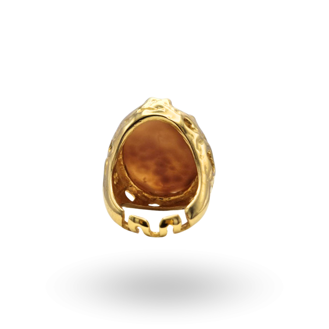 Anello in Argento 925 dorato con Cammeo su Sardonica inciso a mano, tema floreale con cornice ovale