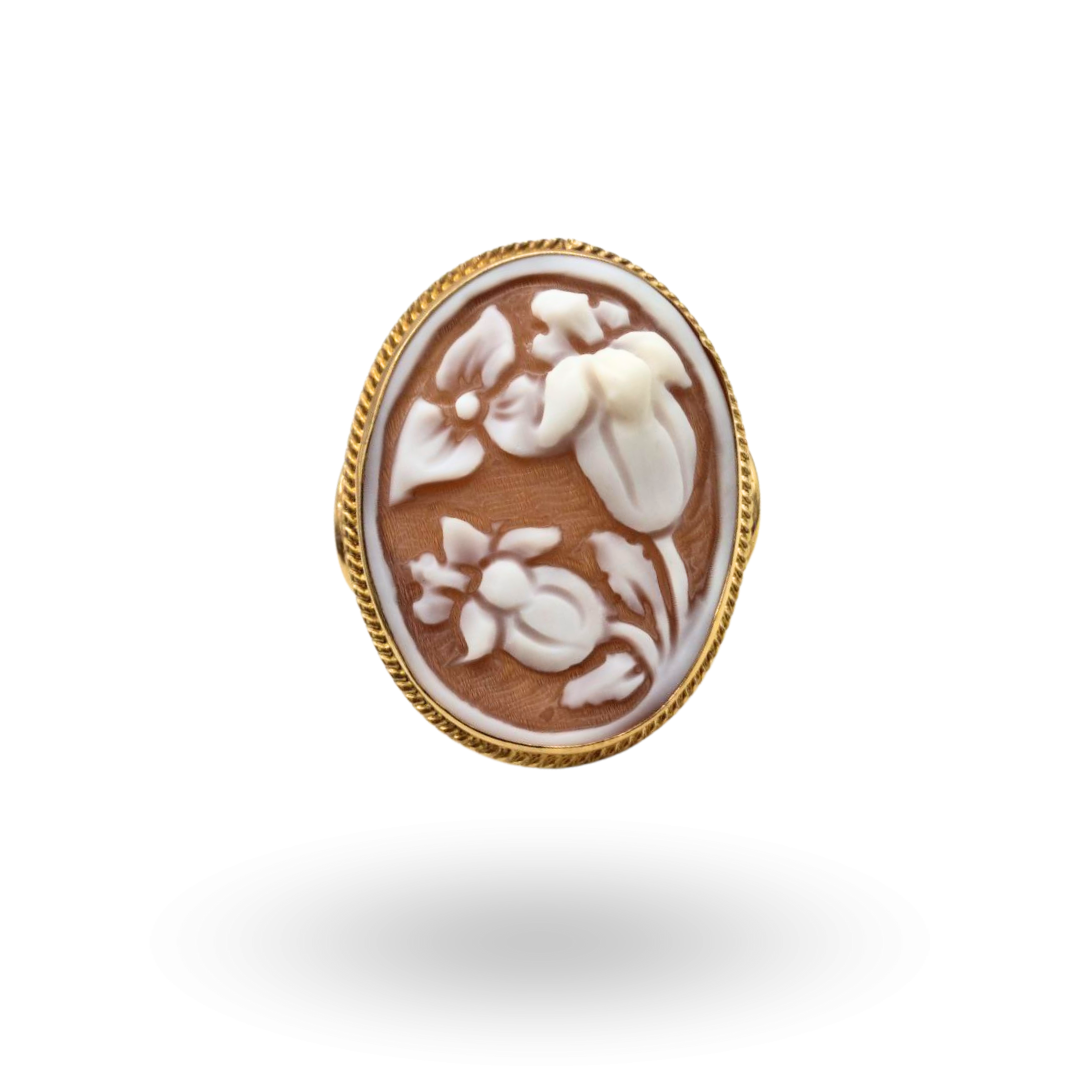 Anello in Argento 925 dorato con Cammeo su Sardonica inciso a mano, tema campanule, montatura ovale vintage con trama a corda