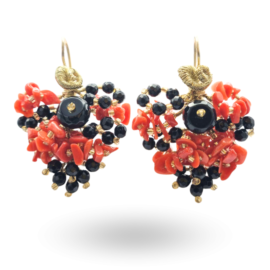 Orecchini a grappolo in Argento 925 dorato con Corallo rosso Mediterraneo e Onice