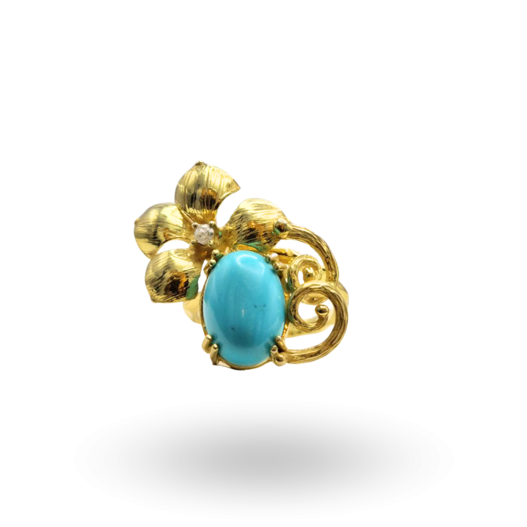 Anello in Argento 925 dorato con spola in Pasta di Turchese, Quarzo e montatura a Fiore
