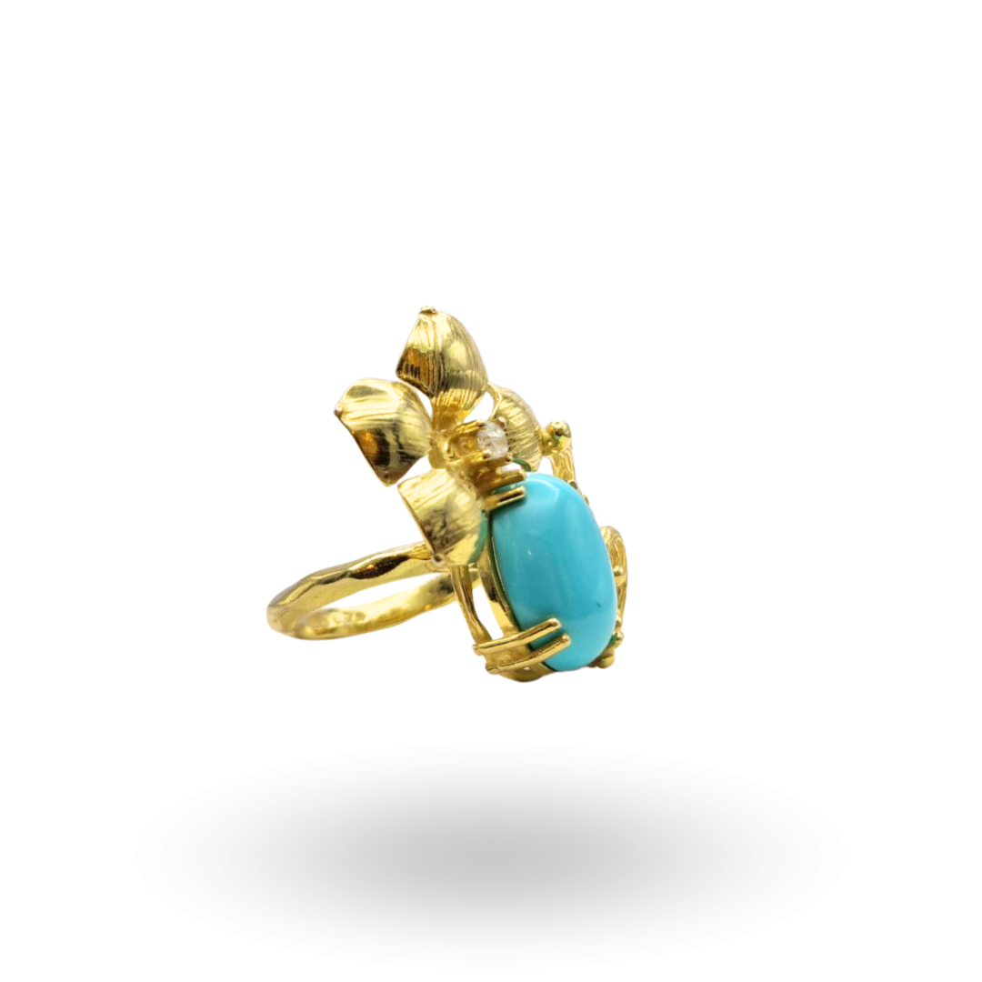 Anello in Argento 925 dorato con spola in Pasta di Turchese, Quarzo e montatura a Fiore