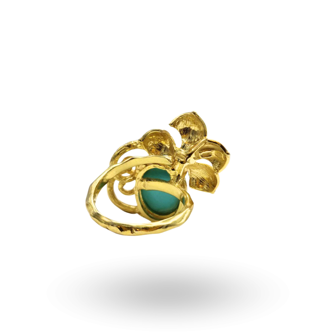 Anello in Argento 925 dorato con spola in Pasta di Turchese, Quarzo e montatura a Fiore