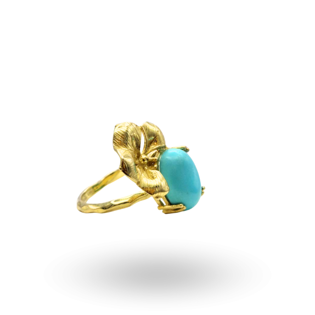 Anello in Argento 925 dorato con spola in Pasta di Turchese e montatura a Fiore