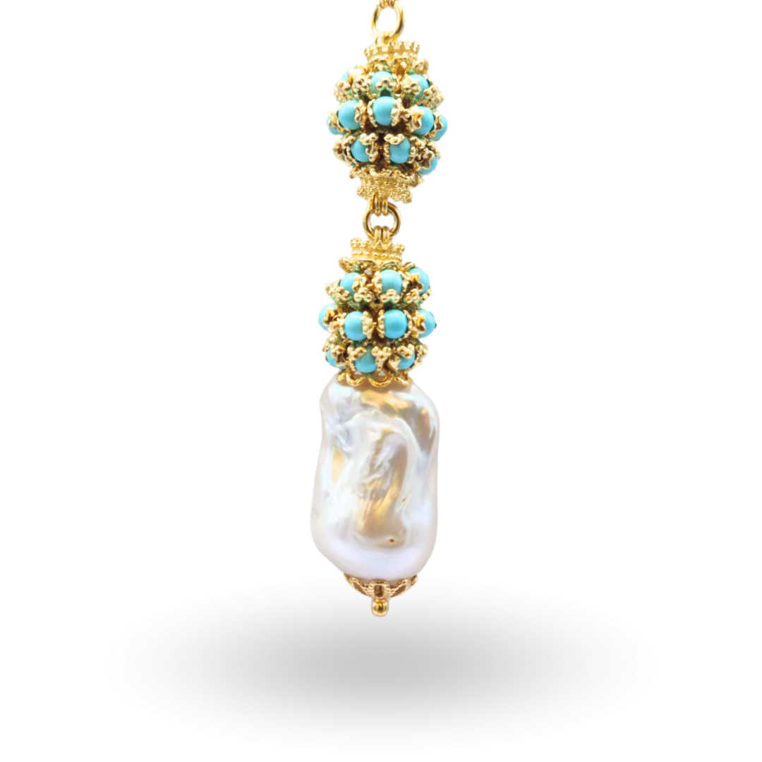 Collana in Argento 925 dorato con due mine in Pasta di Turchese e Perla Scaramazza