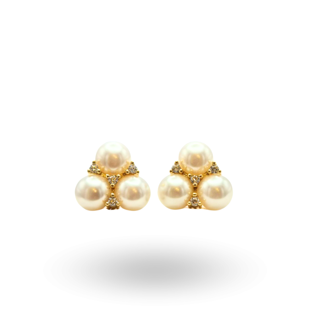 Orecchini in Argento 925 dorato modello trifoglio con tre Perle coltivate d'acqua dolce e Quarzi