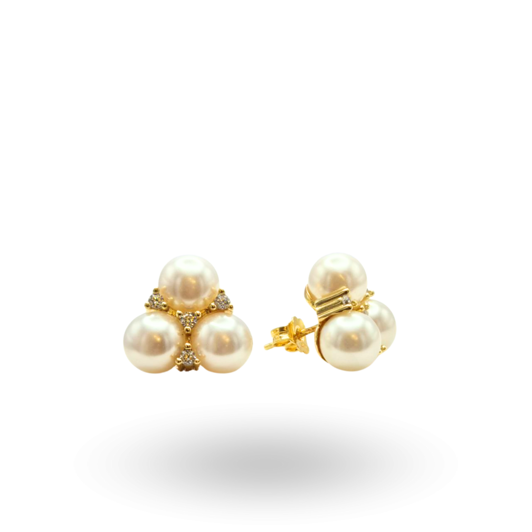 Orecchini in Argento 925 dorato modello trifoglio con tre Perle coltivate d'acqua dolce e Quarzi