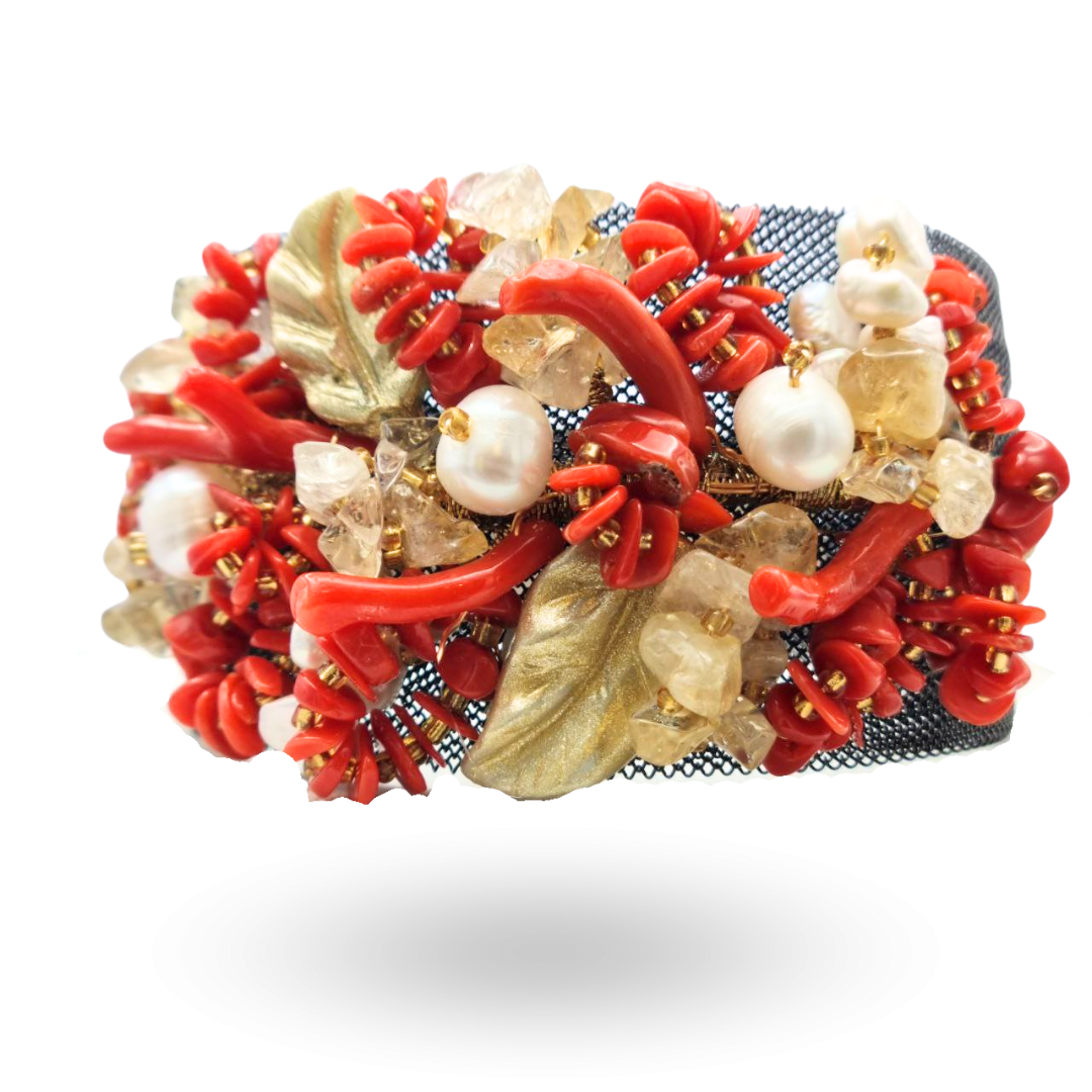 Bracciale a grappolo con maglia a rete in Acciaio black con Corallo rosso Mediterraneo, Perle, Quarzo cetrino e Pietre naturali