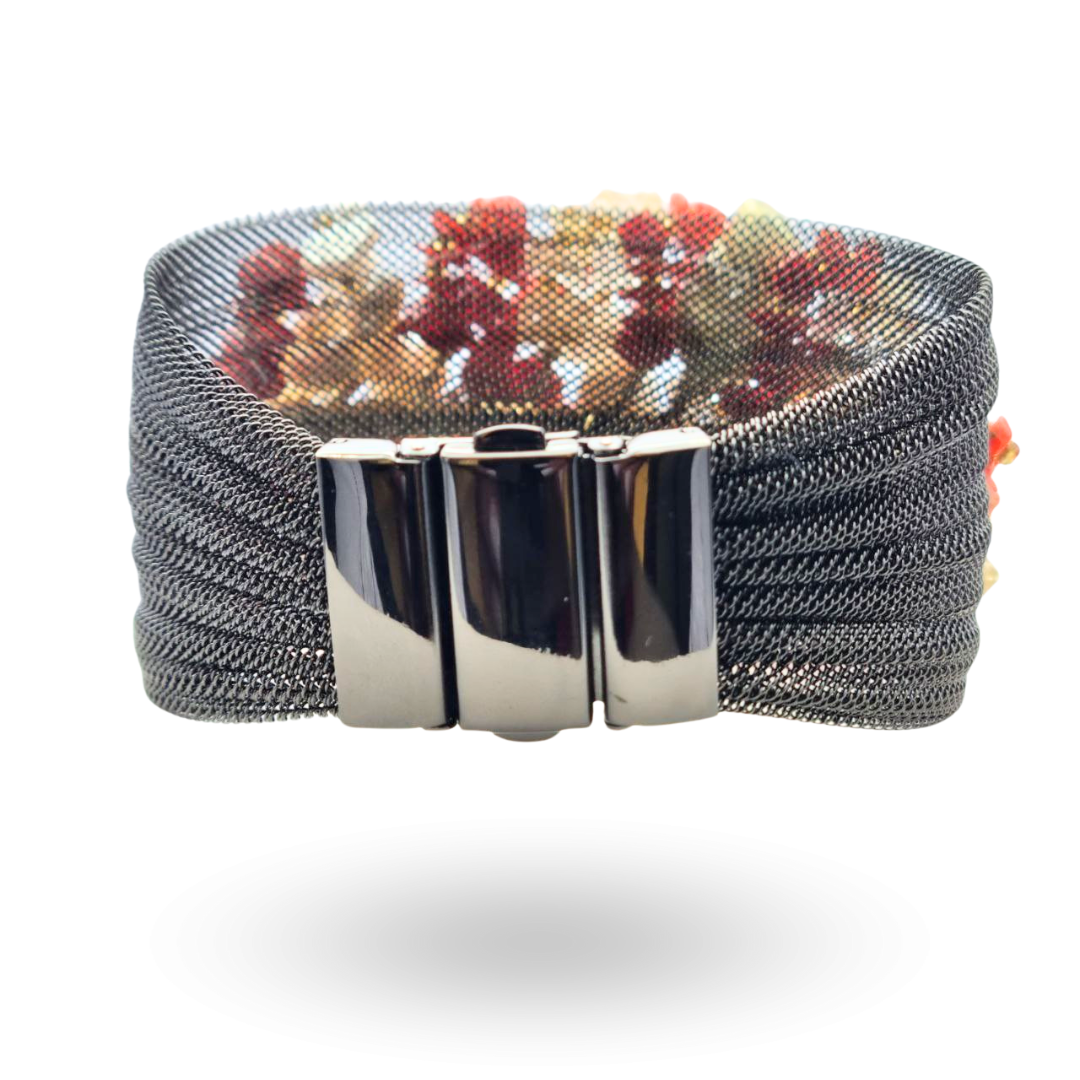 Bracciale a grappolo con maglia a rete in Acciaio black con Corallo rosso Mediterraneo, Perle, Quarzo cetrino e Pietre naturali