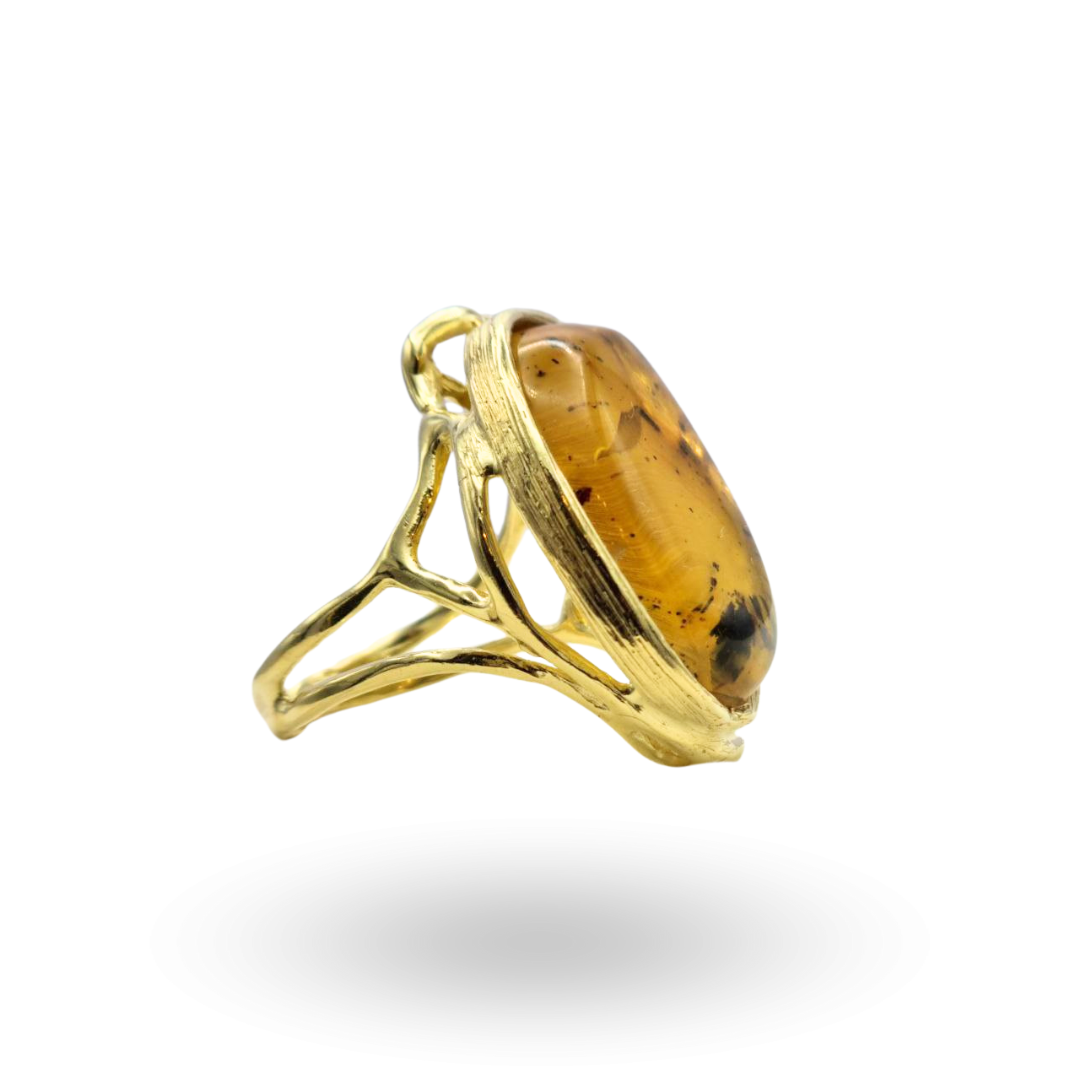 Anello in Argento 925 dorato con spola ovale in Ambra naturale