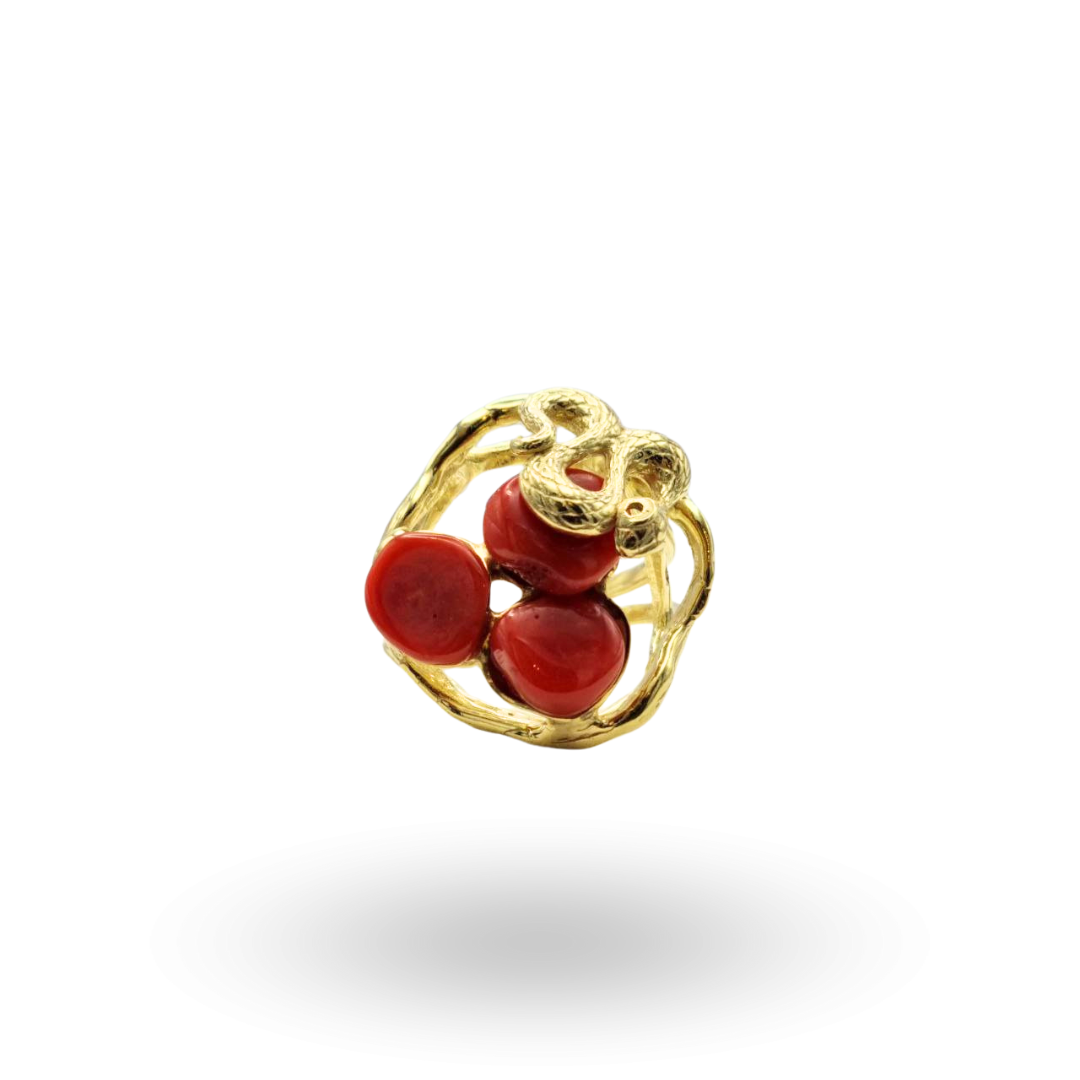 Anello in Argento 925 dorato con serpente e tre sassi di Corallo rosso Mediterraneo