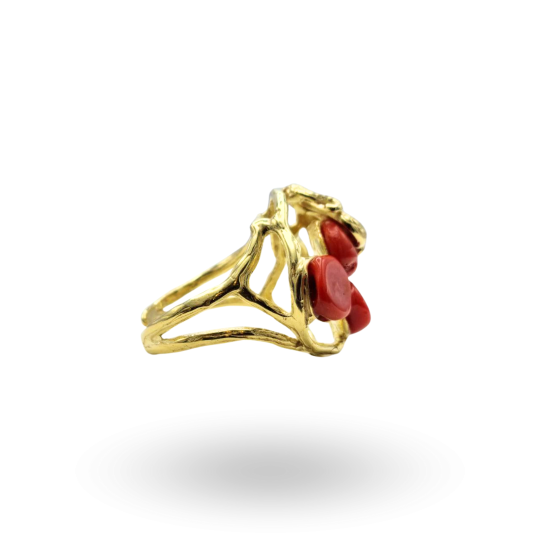 Anello in Argento 925 dorato con serpente e tre sassi di Corallo rosso Mediterraneo