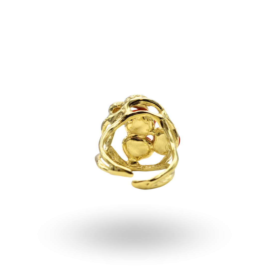 Anello in Argento 925 dorato con serpente e tre sassi di Corallo rosso Mediterraneo