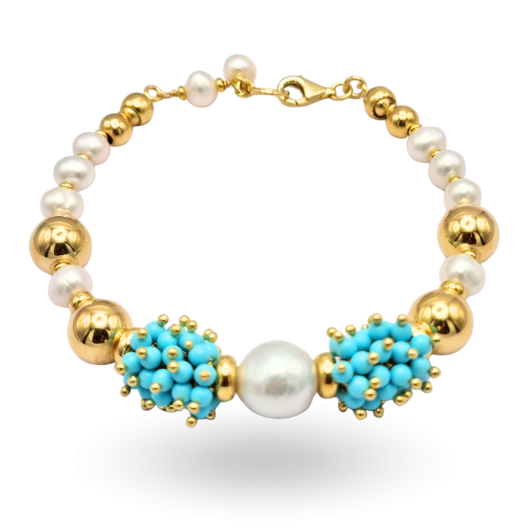 Bracciale in Argento 925dorato con Perle coltivate d'acqua dolce e ciuffi in Pasta di Turchese