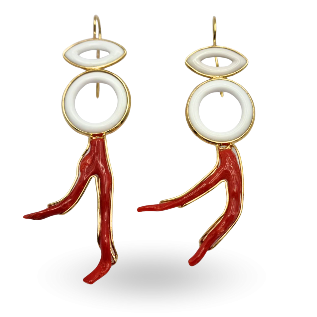 Orecchini in Argento 925 dorato con forme in Agata Bianca e Ramo di Corallo rosso Mediterraneo