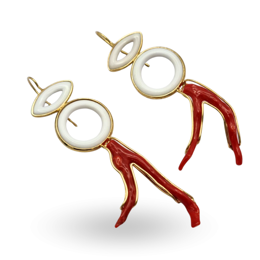 Orecchini in Argento 925 dorato con forme in Agata Bianca e Ramo di Corallo rosso Mediterraneo
