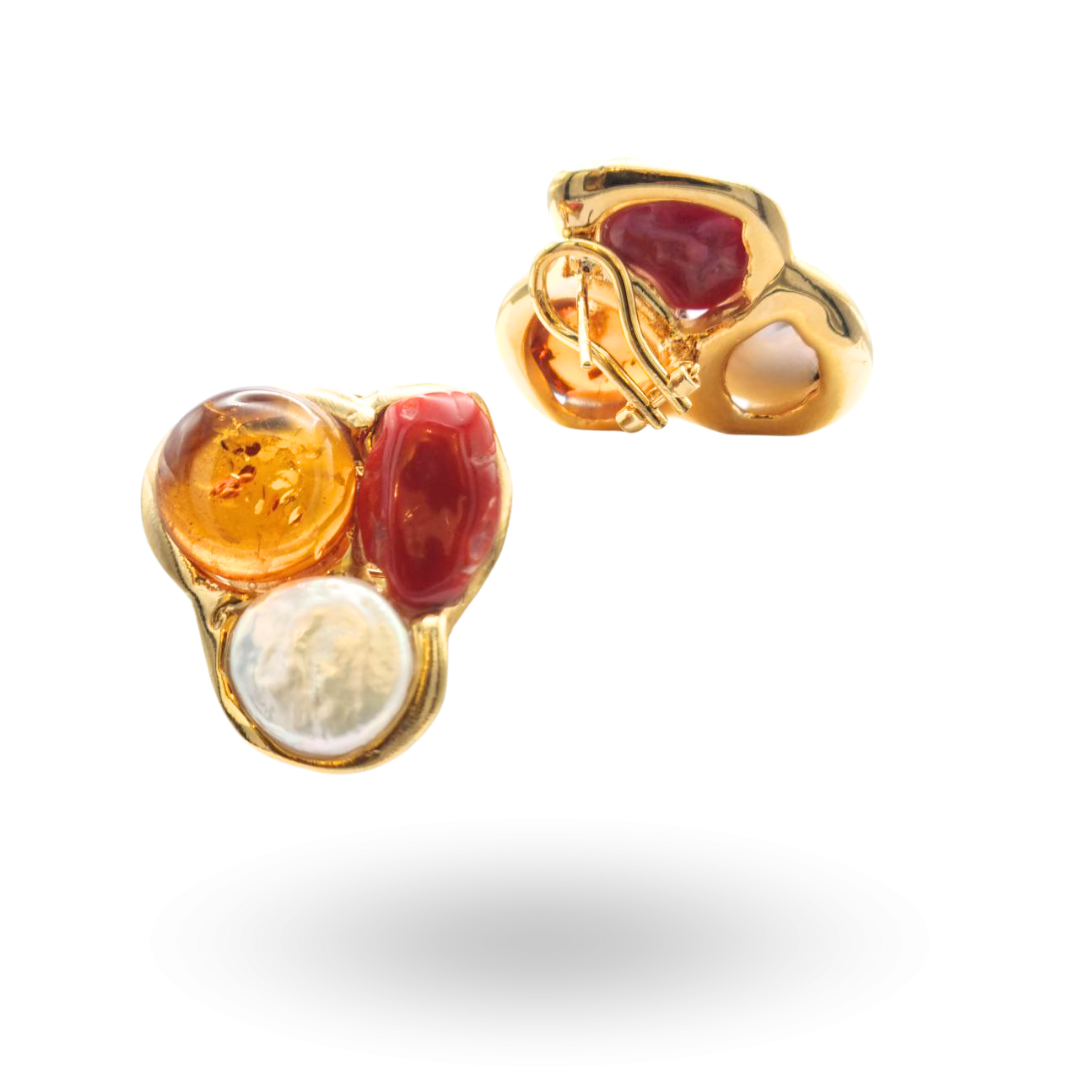 Orecchini in Argento 925 dorato con sasso di Corallo, Rosso Mediterraneo, Perla e Ambra naturale