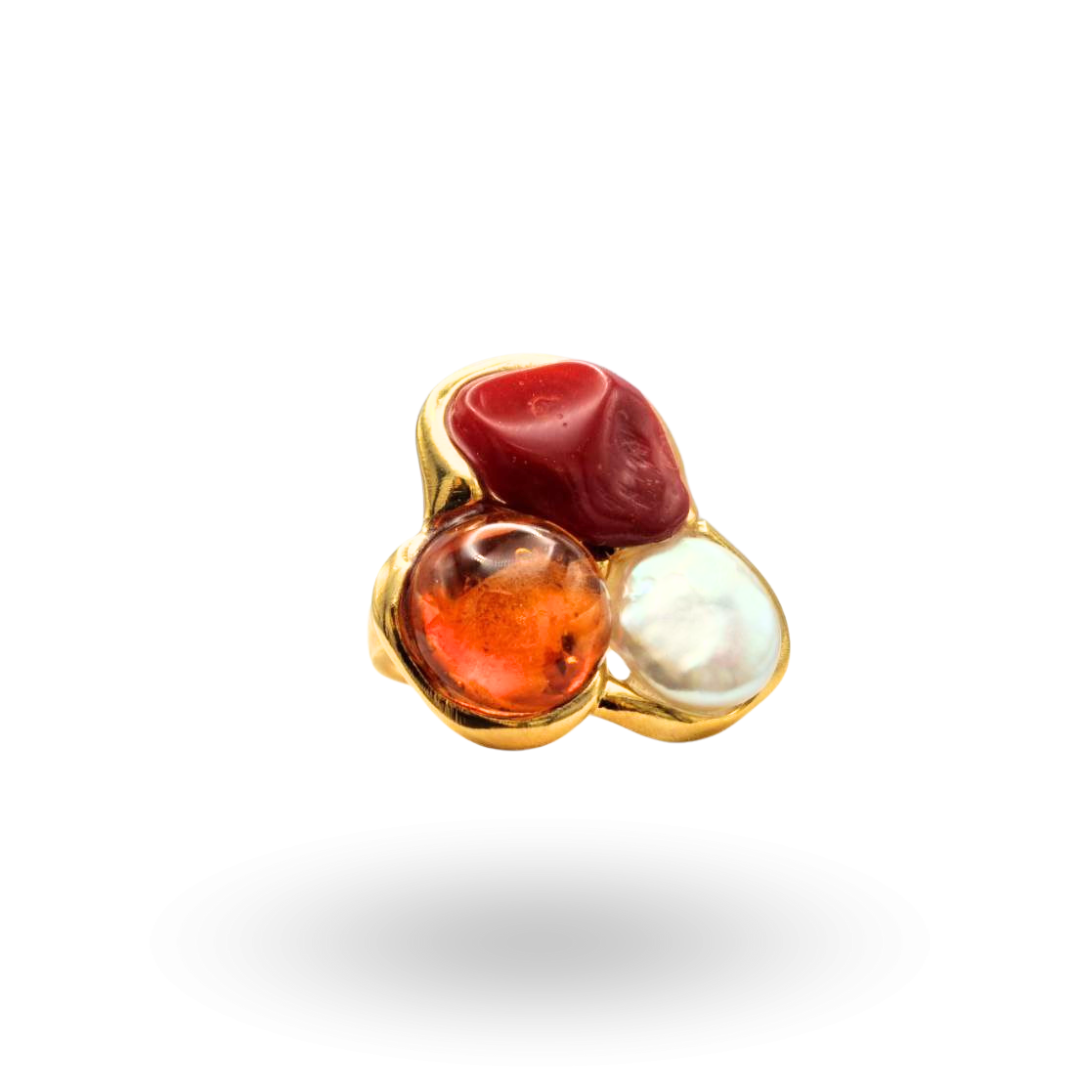 Anello in Argento 925 dorato con sasso di Corallo, Rosso Mediterraneo, Perla e Ambra naturale