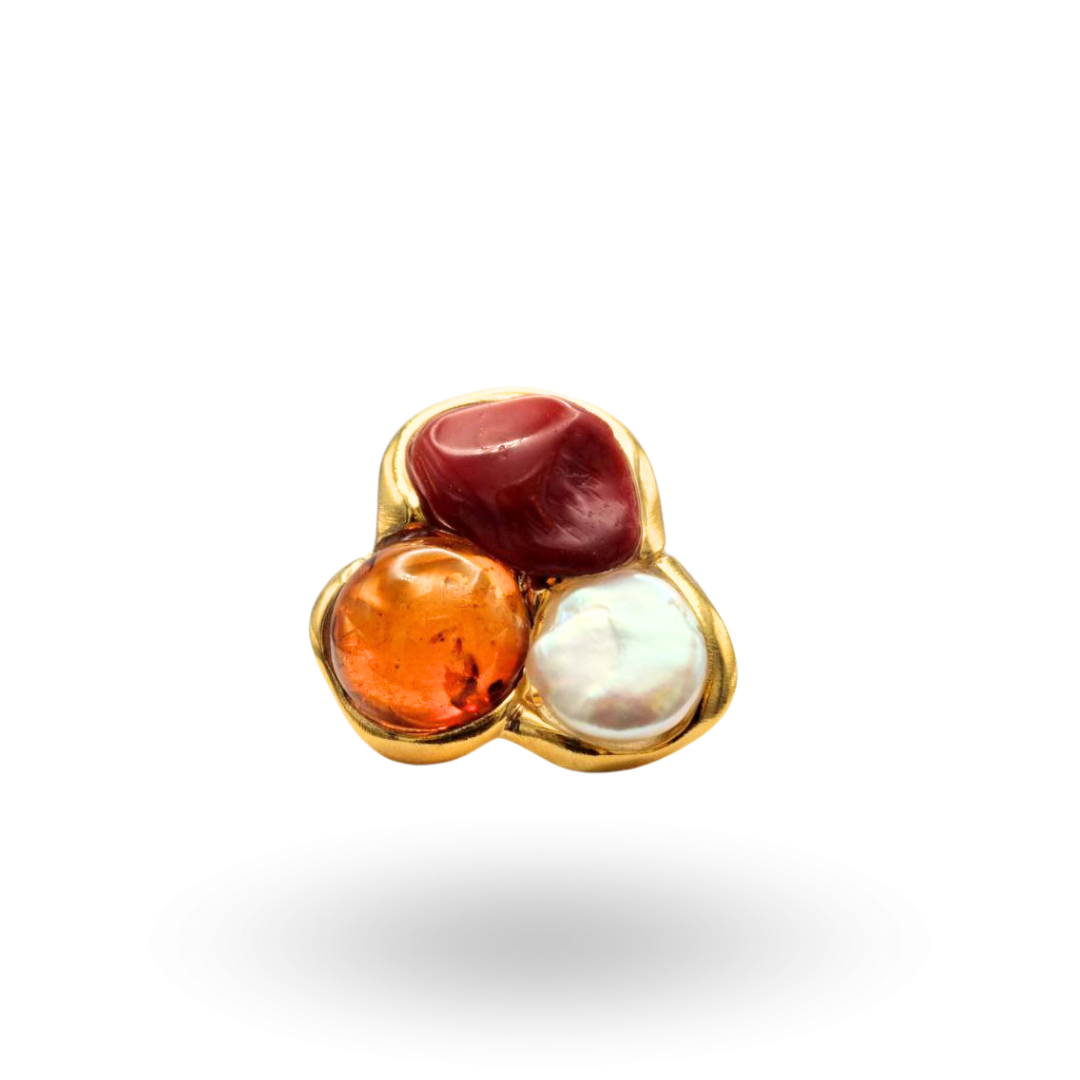 Anello in Argento 925 dorato con sasso di Corallo, Rosso Mediterraneo, Perla e Ambra naturale