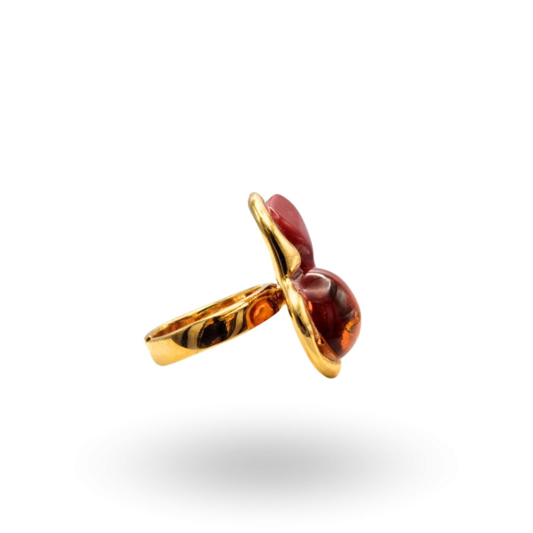 Anello in Argento 925 dorato con sasso di Corallo, Rosso Mediterraneo, Perla e Ambra naturale