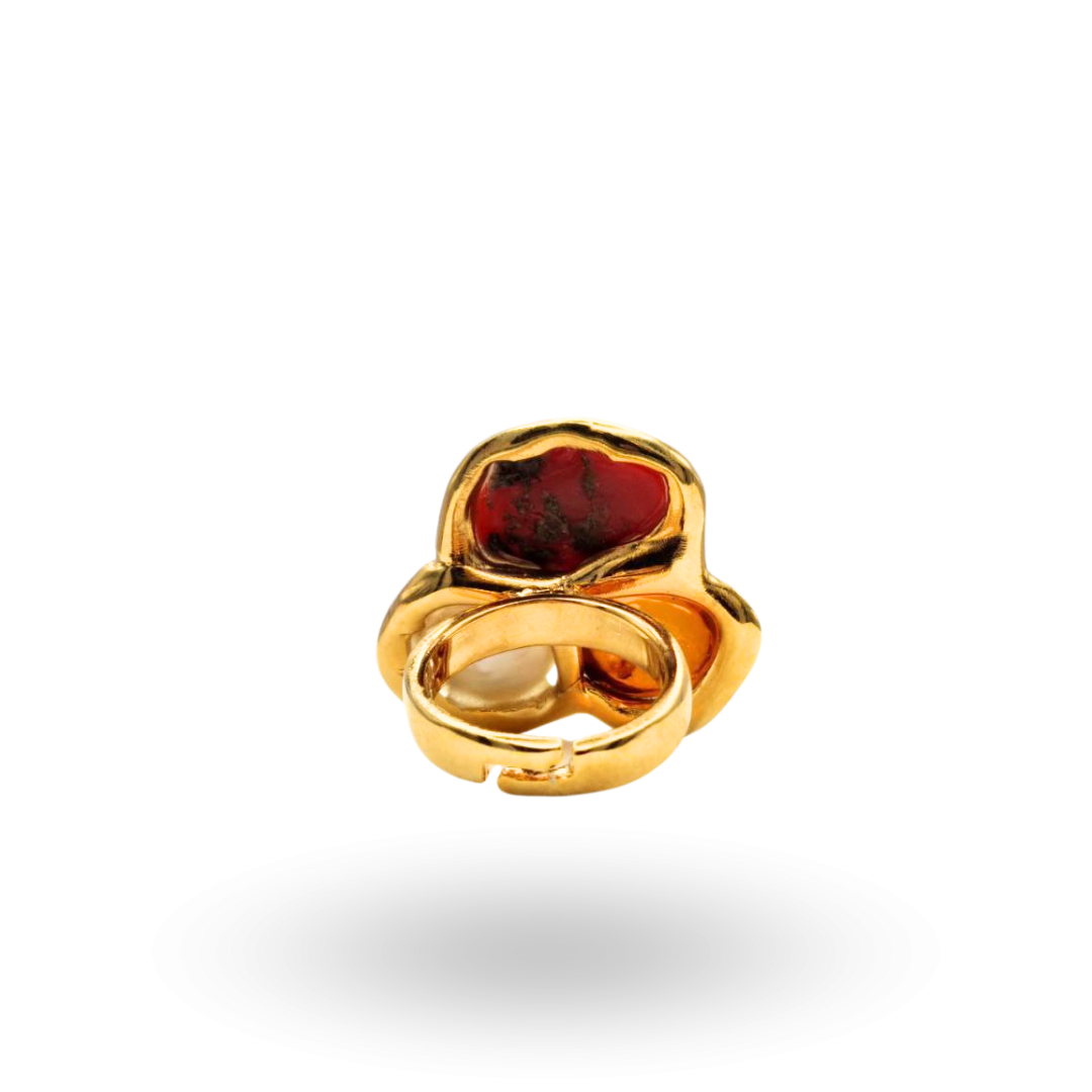 Anello in Argento 925 dorato con sasso di Corallo, Rosso Mediterraneo, Perla e Ambra naturale
