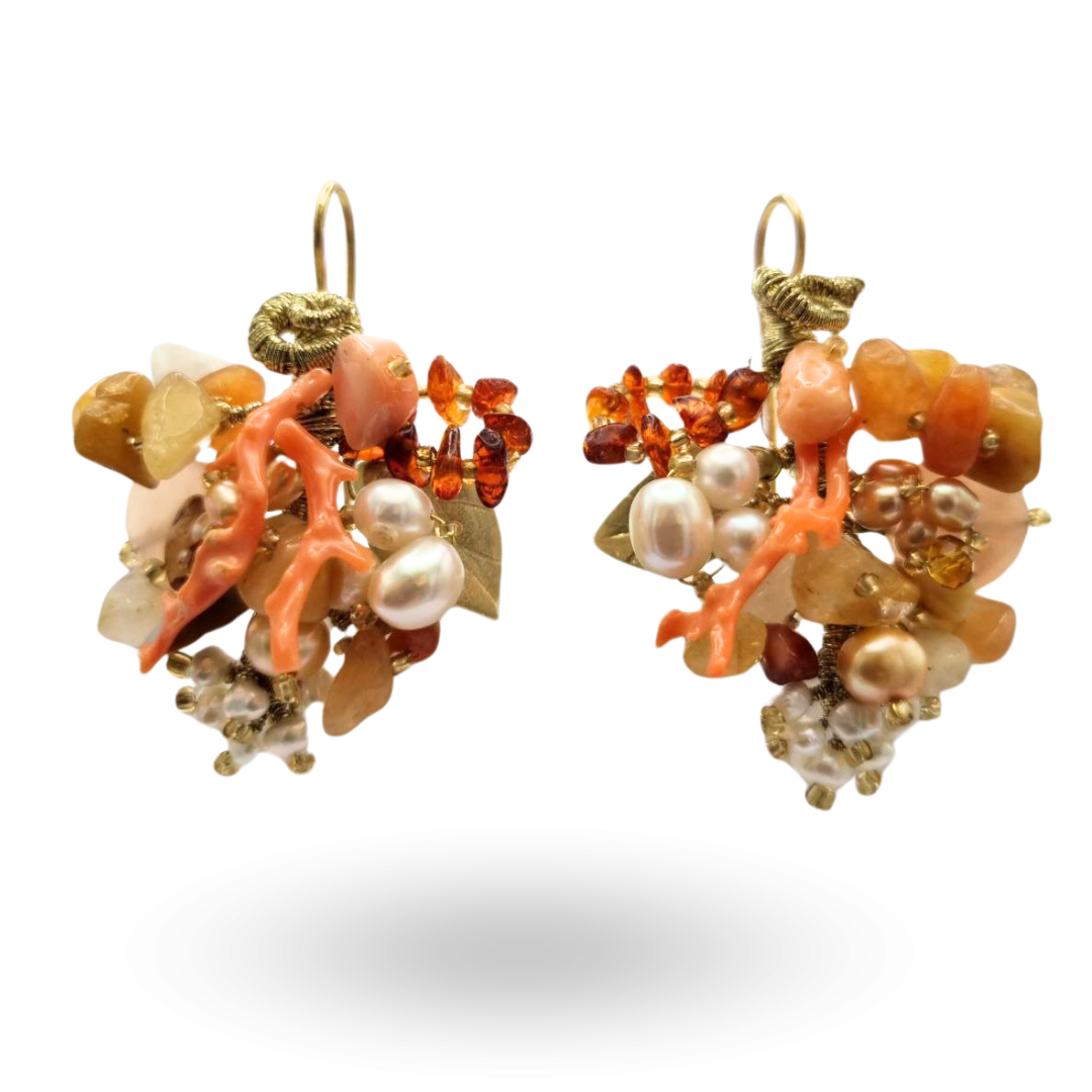 Orecchini a grappolo in Argento 925 bagnato in Oro 18Kt con Quarzi cetrini, Perle, Corallo rosa e Pietre Naturali
