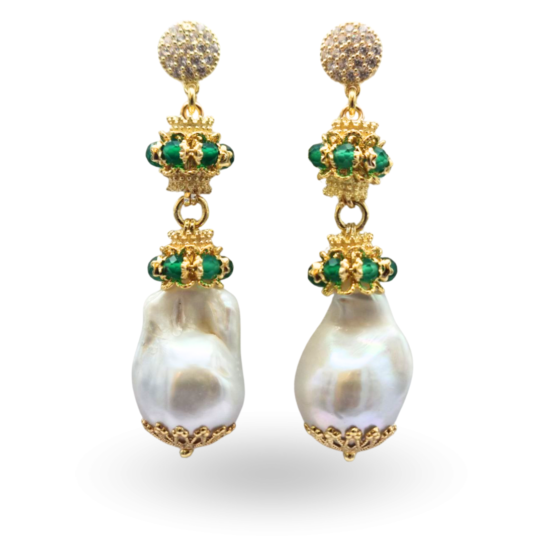 Orecchini in Argento 925 dorato con Perla scaramazza, mina e mezza mina con coroncine in Giada