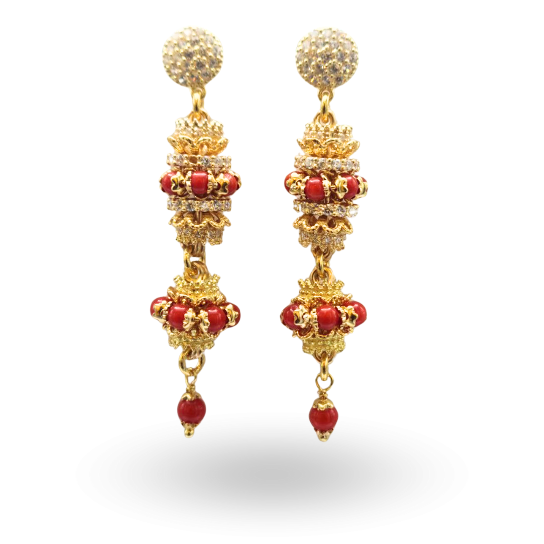 Orecchini in Argento 925 dorato con doppia mina zirconata in Corallo rosso Mediterraneo