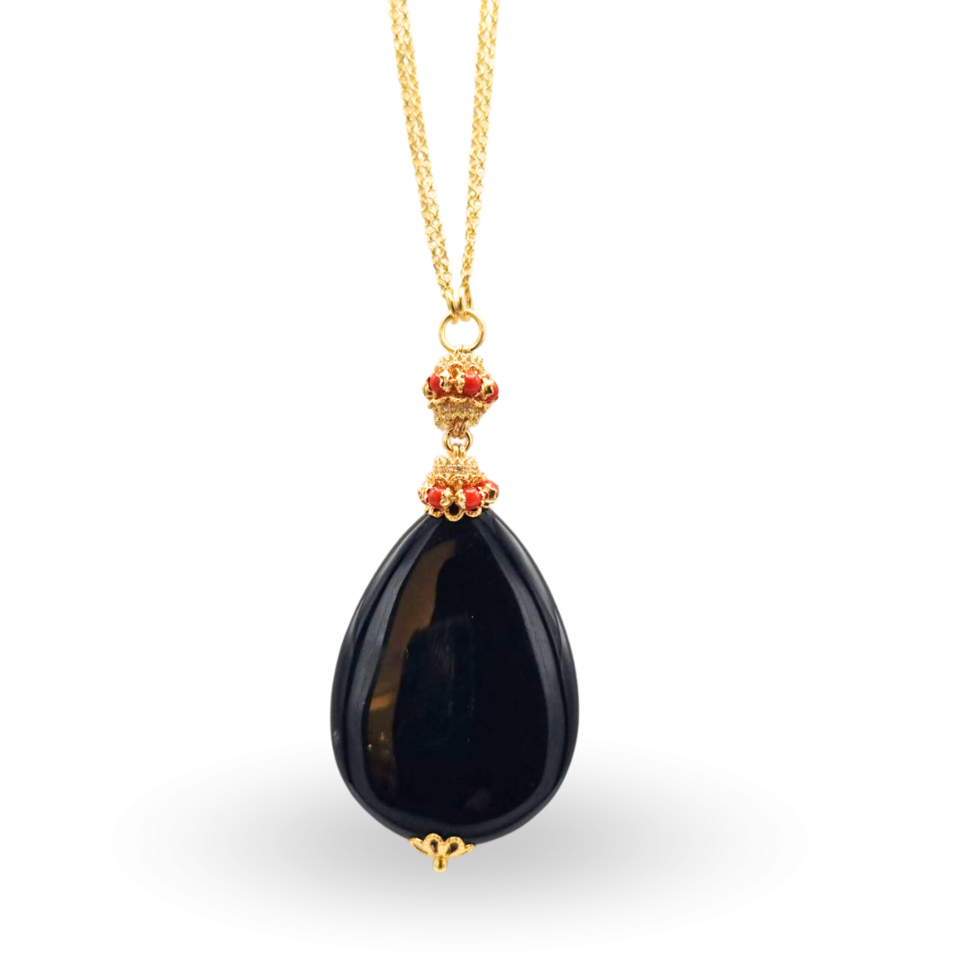 Collana in Argento 925 dorato con goccia in Onice, mina e mezza mina con coroncine in Corallo rosso Mediterraneo